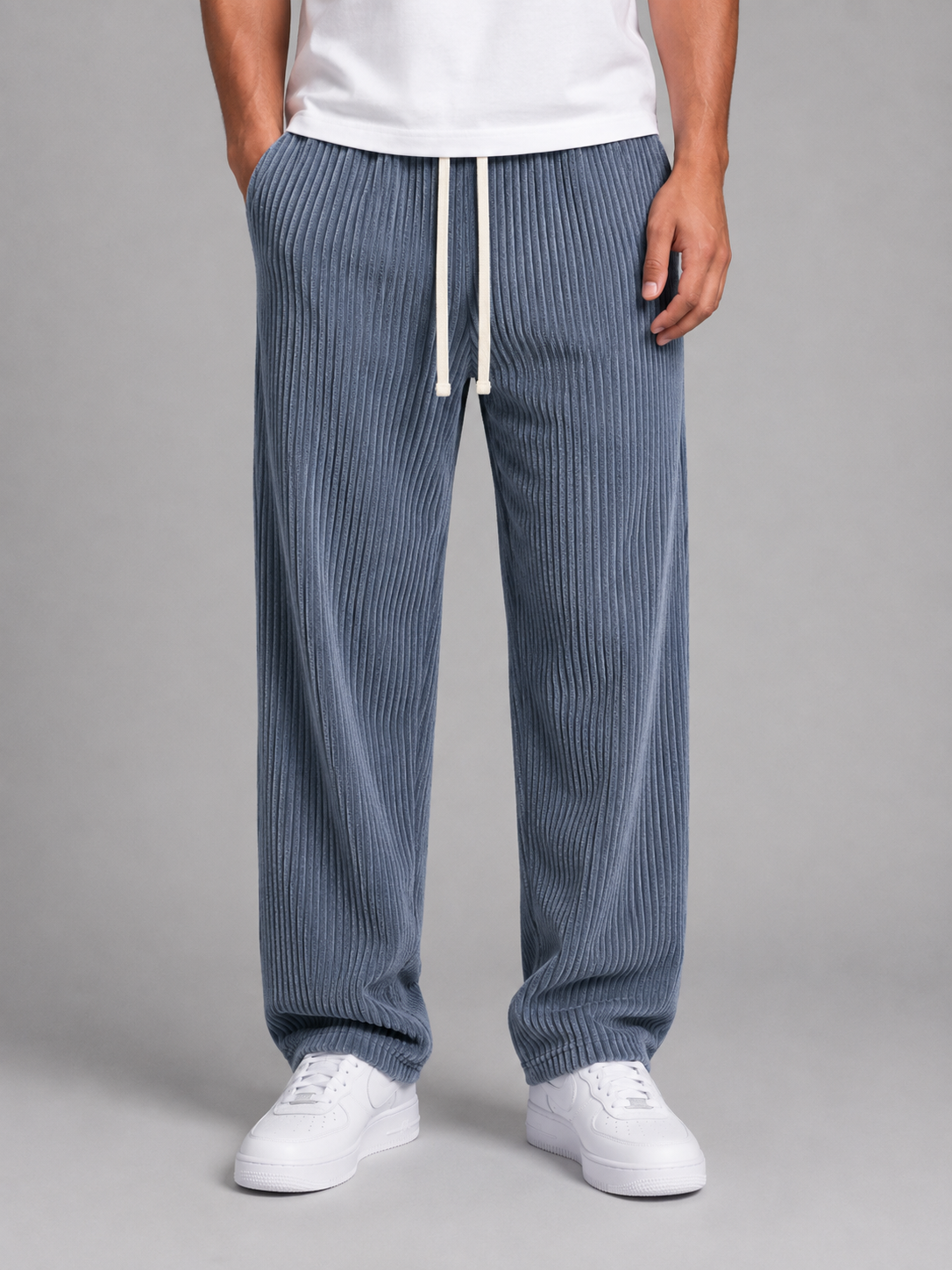 Men's Relaxed Fit Wide Leg Corduroy Trousers Drawstring Casual Everyday