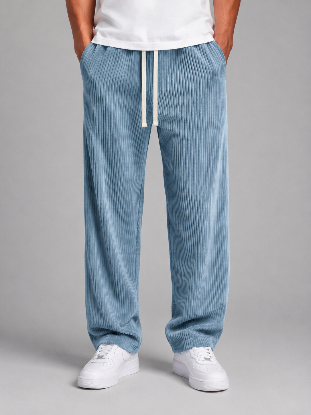 Men's Relaxed Fit Wide Leg Corduroy Trousers Drawstring Casual Everyday