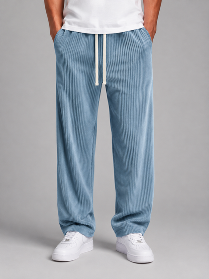 Men's Relaxed Fit Wide Leg Corduroy Trousers Drawstring Casual Everyday
