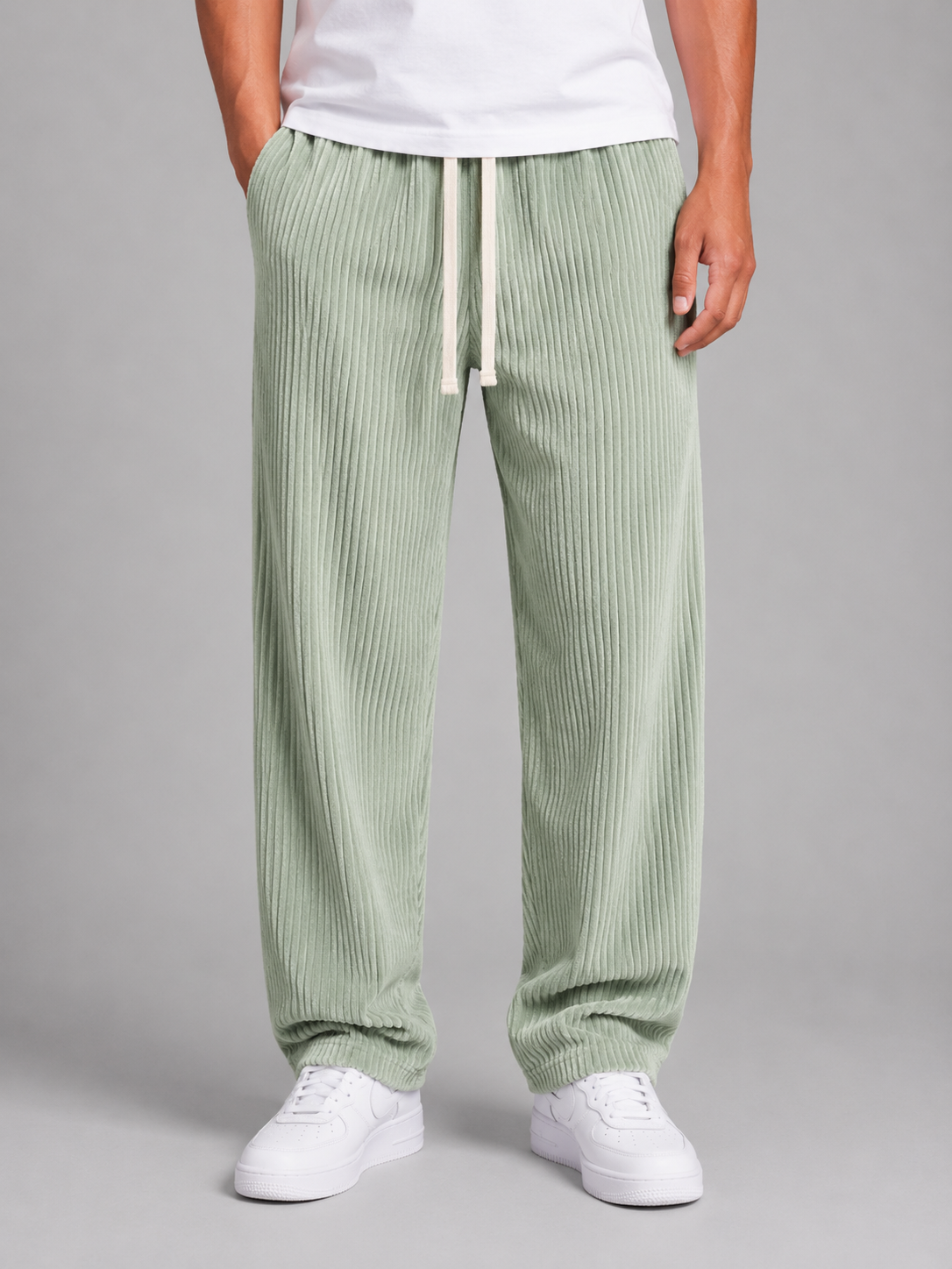 Men's Relaxed Fit Wide Leg Corduroy Trousers Drawstring Casual Everyday