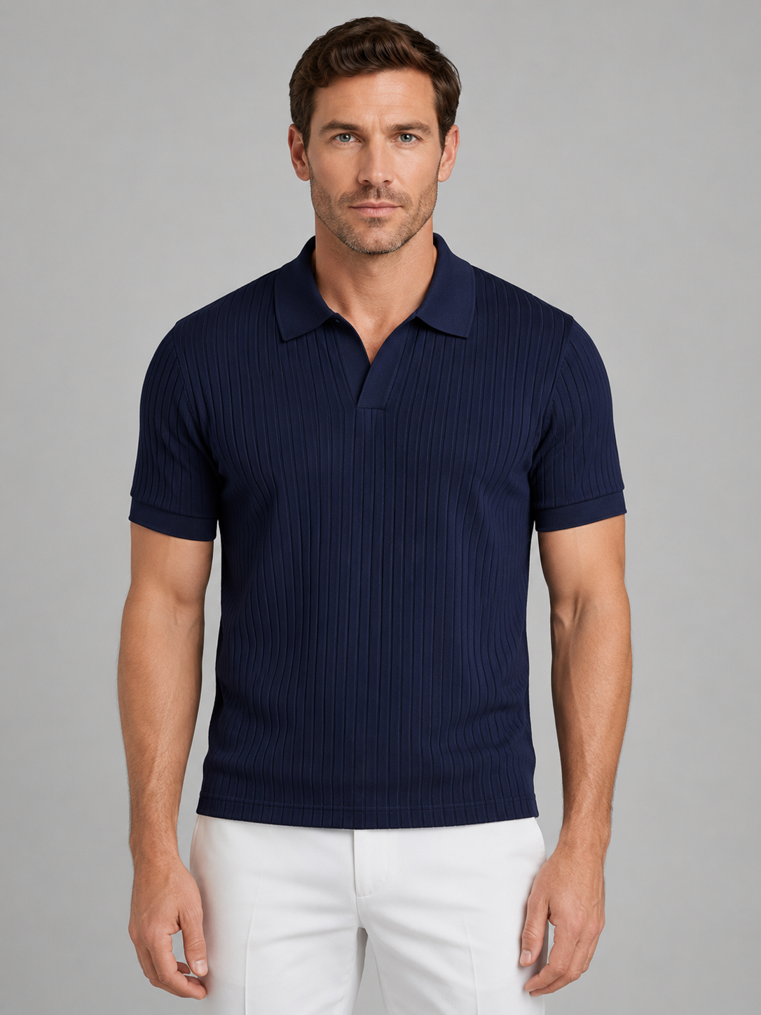 Men's Ribbed Knit Polo Shirt Short-Sleeve Collared Casual Everyday