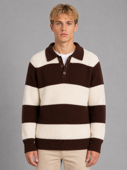 Men's Striped Polo Sweater Button Neck Ribbed Casual Everyday Wear
