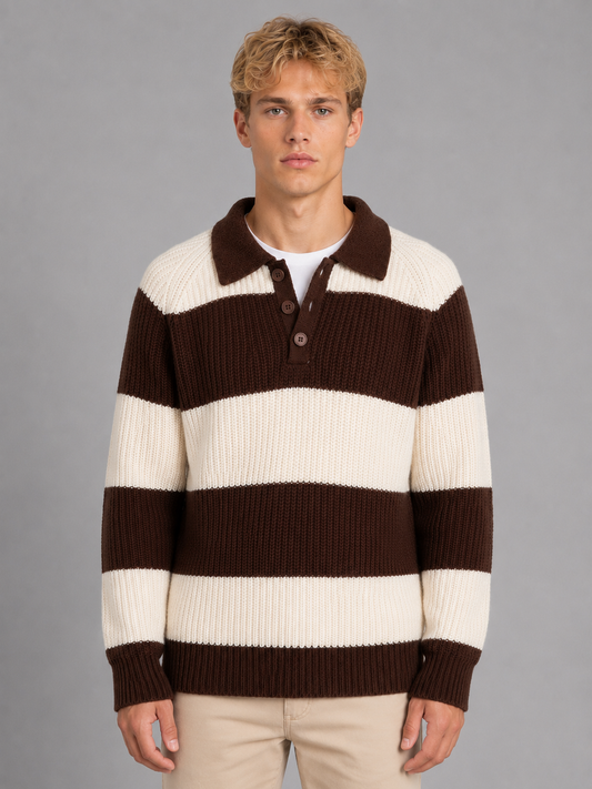 Men's Striped Polo Sweater Button Neck Ribbed Casual Everyday Wear