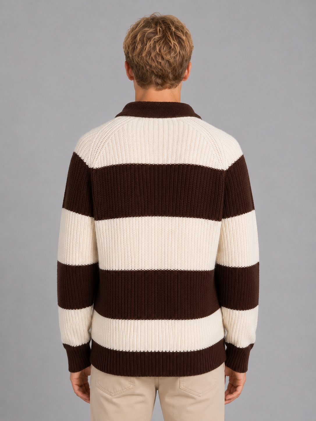 Men's Striped Polo Sweater Button Neck Ribbed Casual Everyday Wear