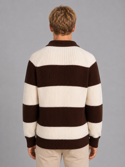 Men's Striped Polo Sweater Button Neck Ribbed Casual Everyday Wear