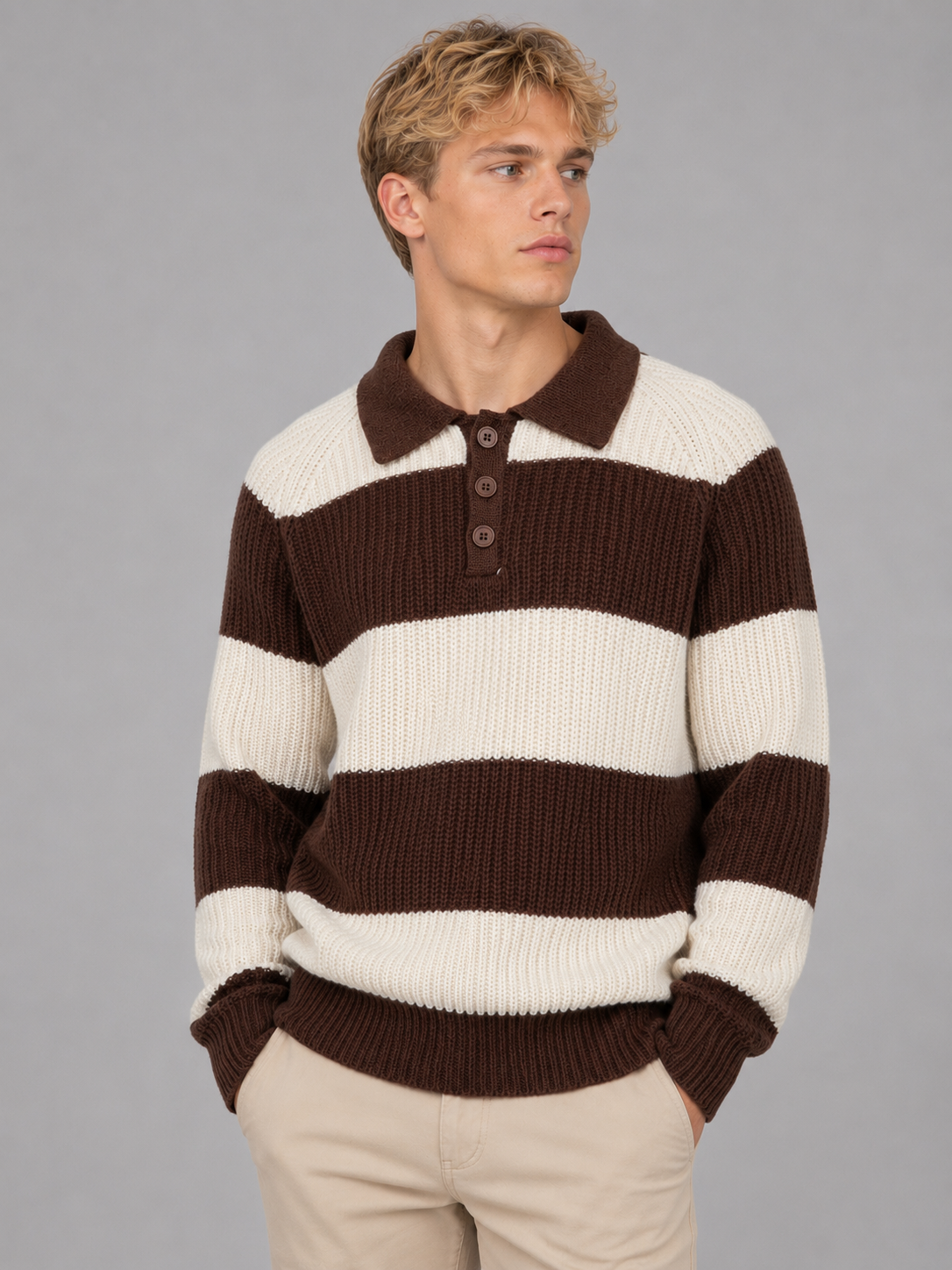 Men's Striped Polo Sweater Button Neck Ribbed Casual Everyday Wear