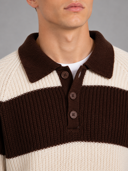 Men's Striped Polo Sweater Button Neck Ribbed Casual Everyday Wear
