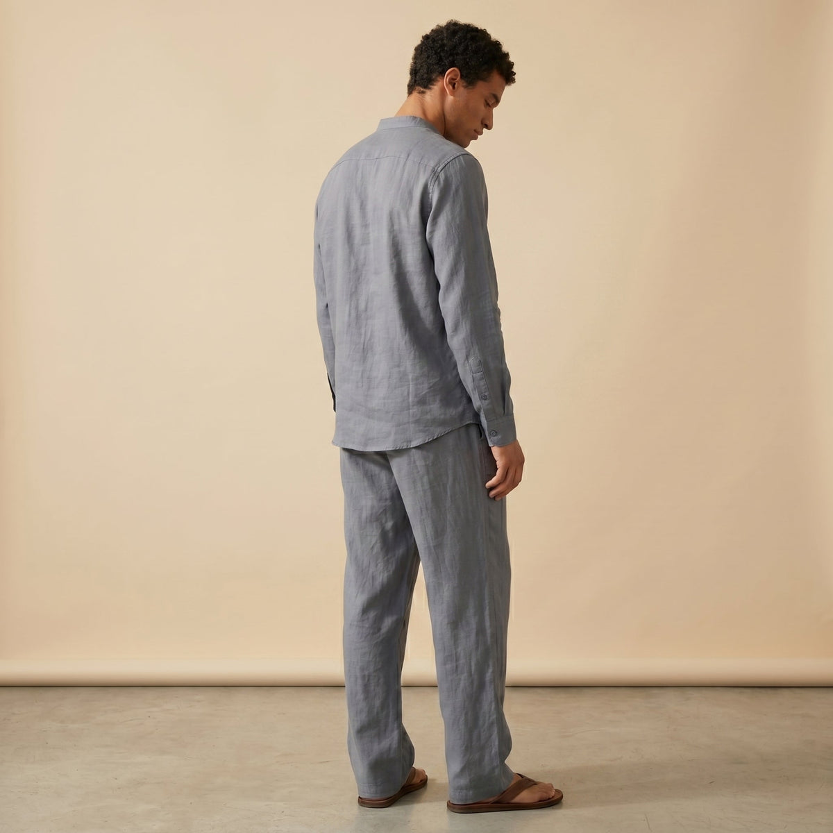 Men's Shirt & Trousers Set Grandad Collar Two-Piece Straight-Leg Matching Casual Smart-Casual Everyday Linus