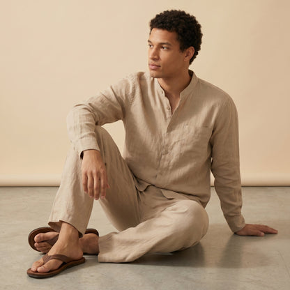 Men's Shirt & Trousers Set Grandad Collar Two-Piece Straight-Leg Matching Casual Smart-Casual Everyday Linus