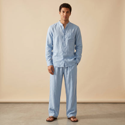 Men's Shirt & Trousers Set Grandad Collar Two-Piece Straight-Leg Matching Casual Smart-Casual Everyday Linus