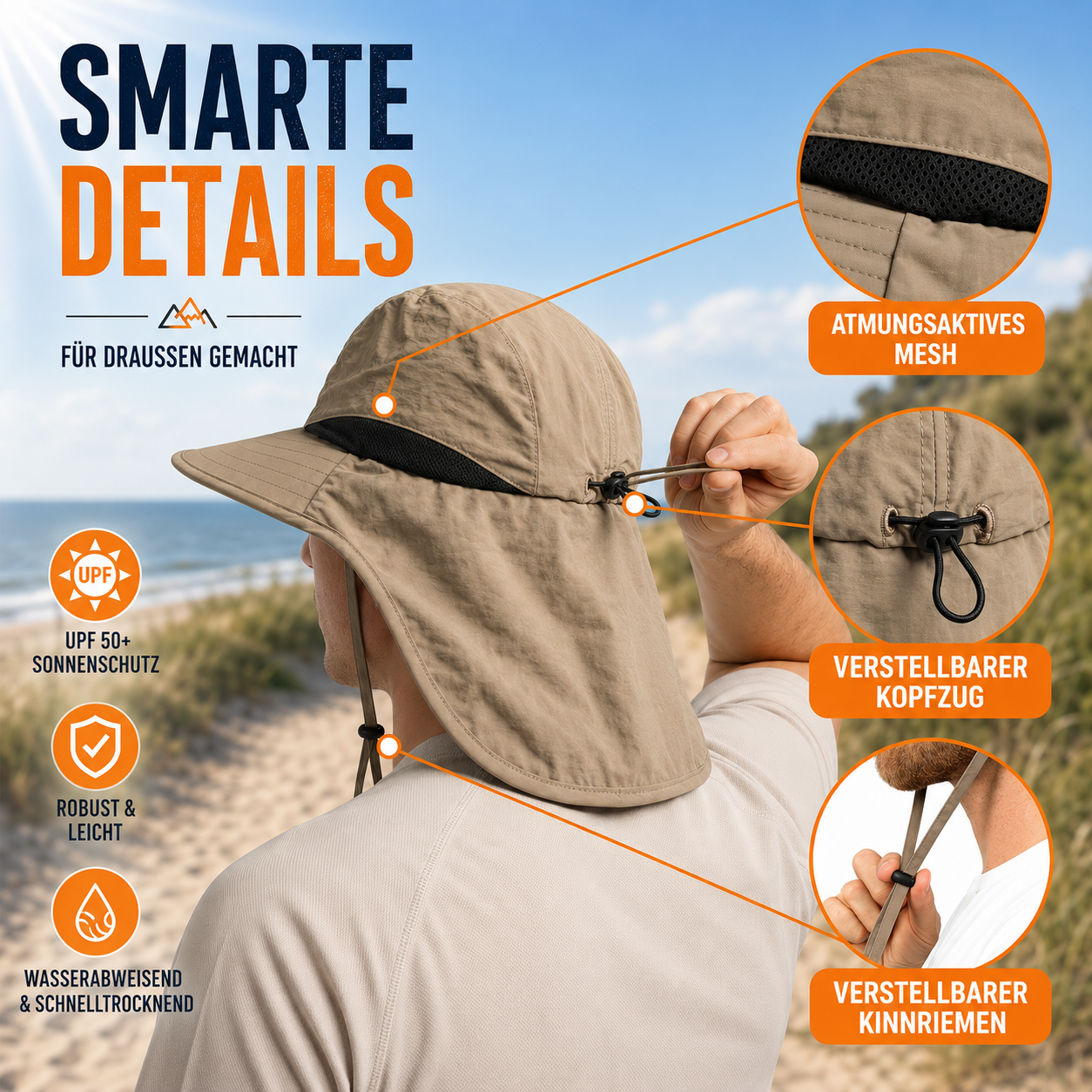 Men's Wide-Brim Sun Hat Bucket Neck Flap Coverage Foldable Outdoor Hiking Fishing Travel Casual Everyday Quill
