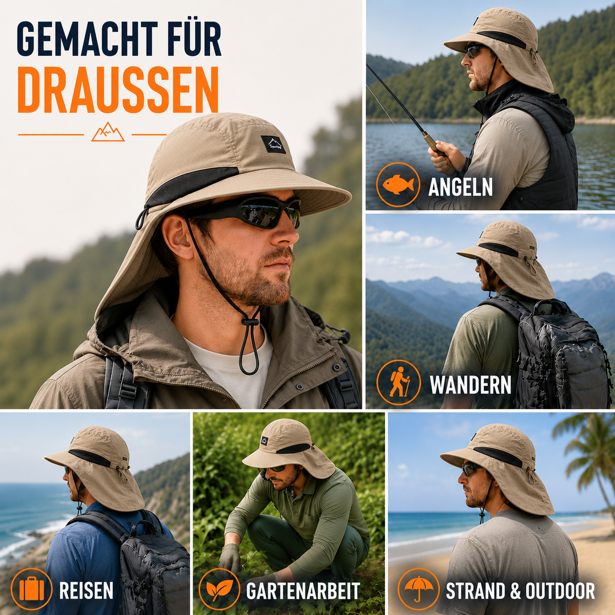Men's Wide-Brim Sun Hat Bucket Neck Flap Coverage Foldable Outdoor Hiking Fishing Travel Casual Everyday Quill