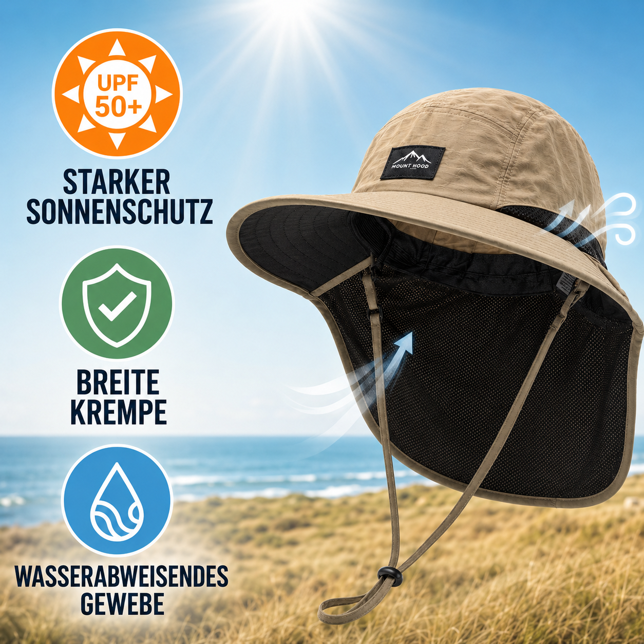 Men's Wide-Brim Sun Hat Bucket Neck Flap Coverage Foldable Outdoor Hiking Fishing Travel Casual Everyday Quill