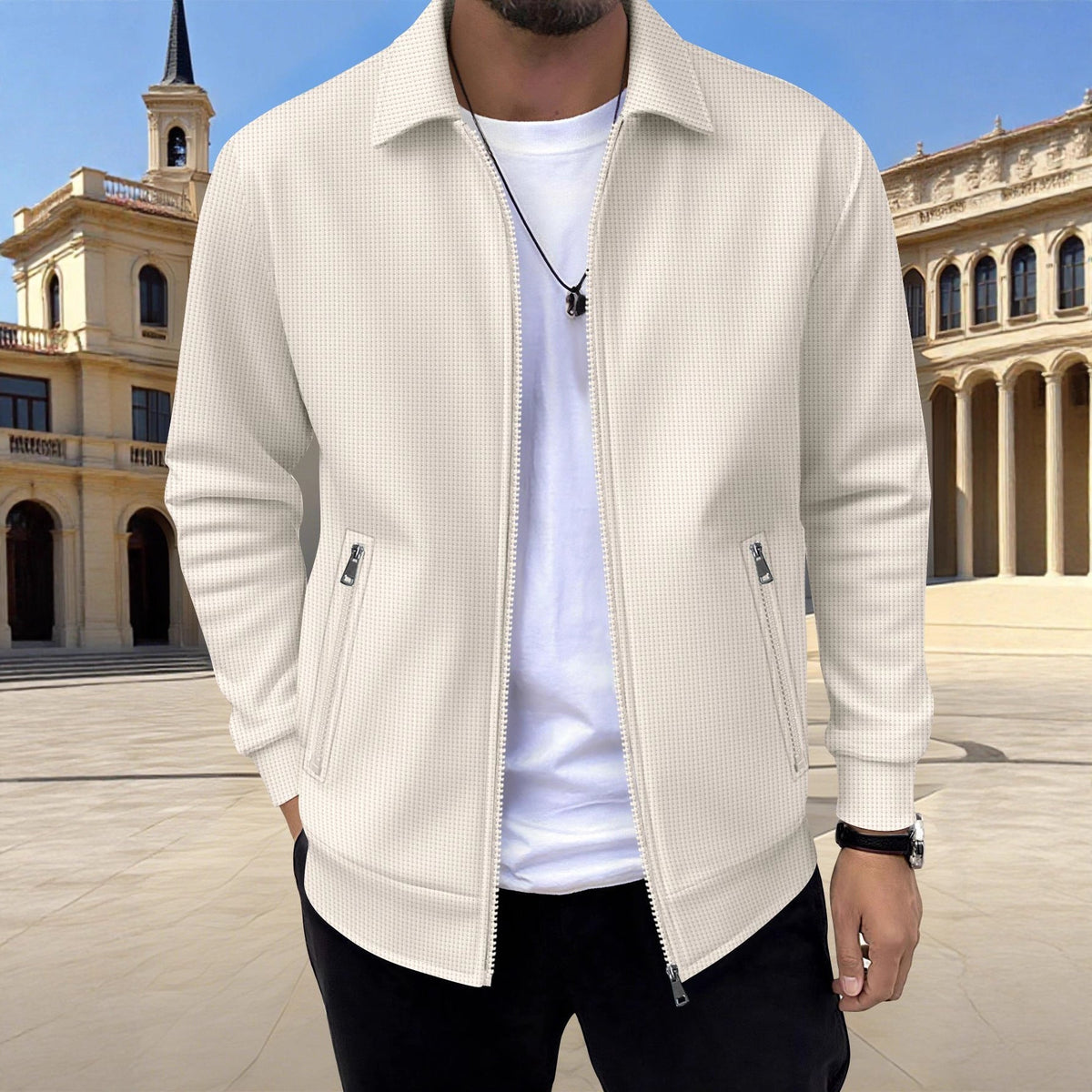 Men's Textured Jacket Zip Front Long Sleeve Casual Autumn Layering Everyday Outdoor