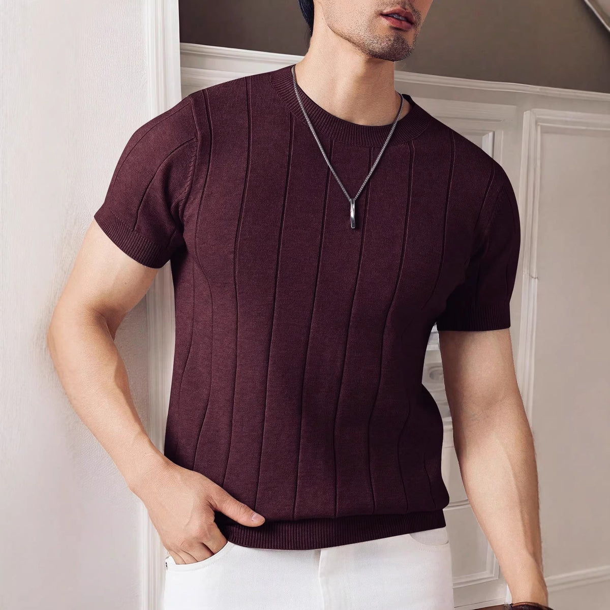 Men's Striped Knit Top Casual Long Sleeve Crew Neck Everyday Style