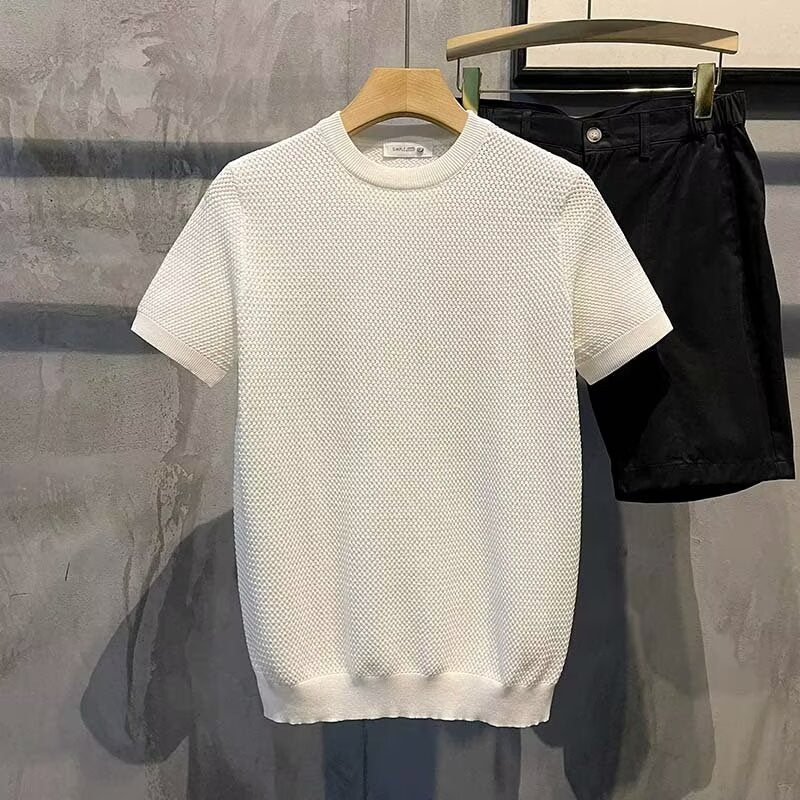 Men's Knitted Shirt Short-Sleeve Textured Button-Up Collared Casual Smart-Casual Everyday Relaxed Fit Layering Cassius