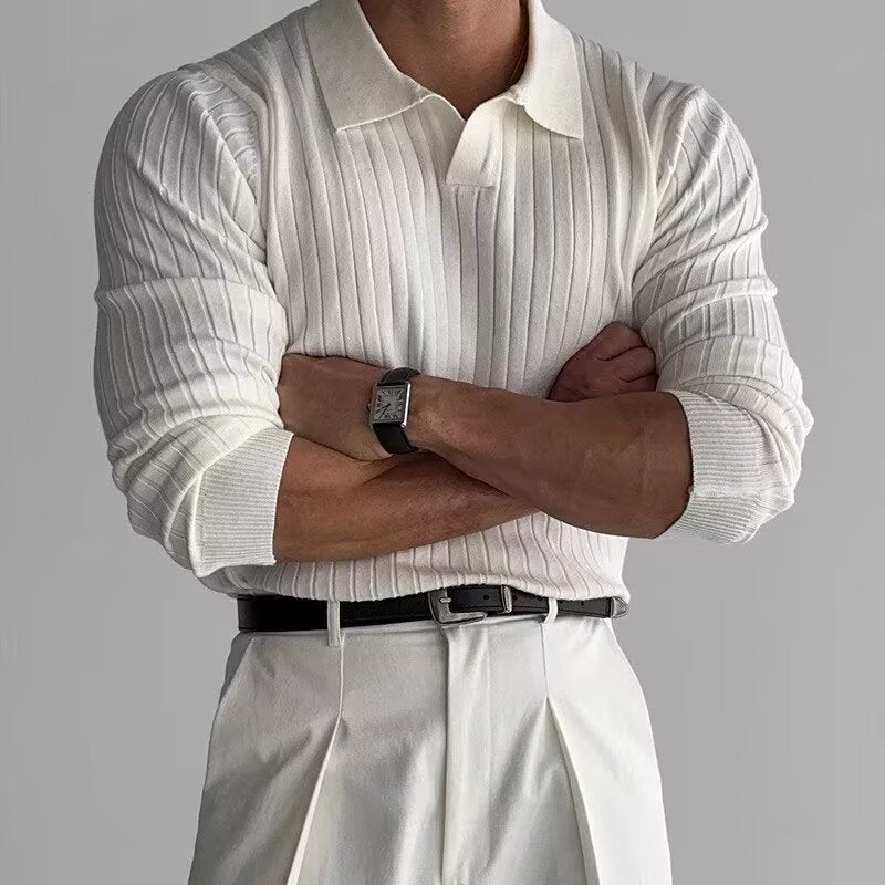 Men's Ribbed Knit Shirt Long Sleeve Collared Casual Everyday Wear