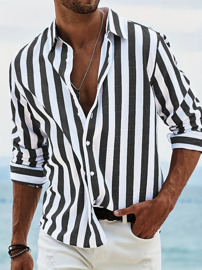 Men's Striped Shirt Button-Up Collared Casual Smart-Casual Holiday Beach Relaxed Fit Everyday Auden