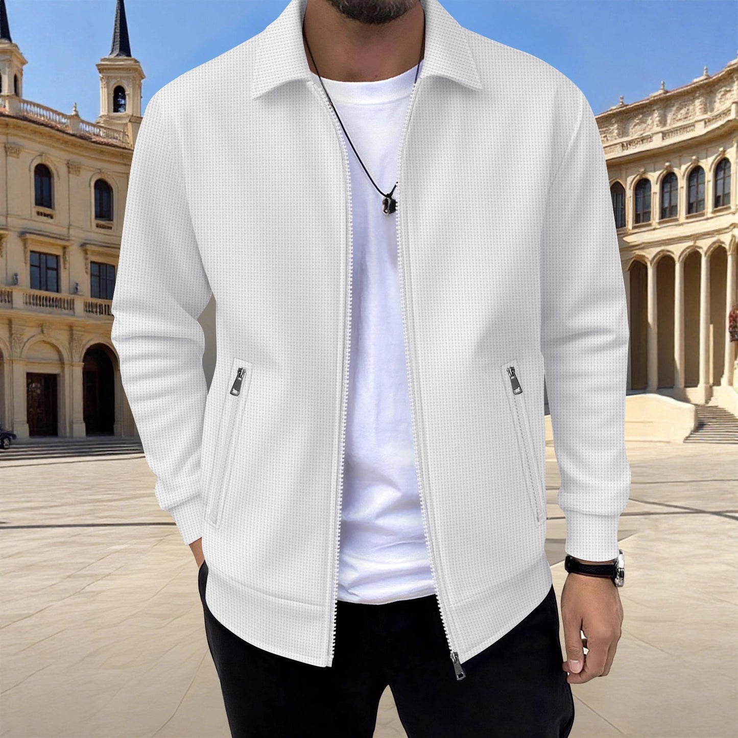 Men's Textured Jacket Zip Front Long Sleeve Casual Autumn Layering Everyday Outdoor