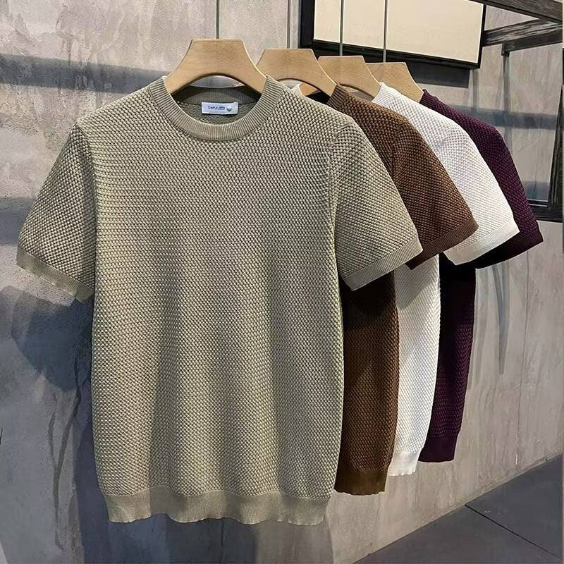 Men's Knitted Shirt Short-Sleeve Textured Button-Up Collared Casual Smart-Casual Everyday Relaxed Fit Layering Cassius