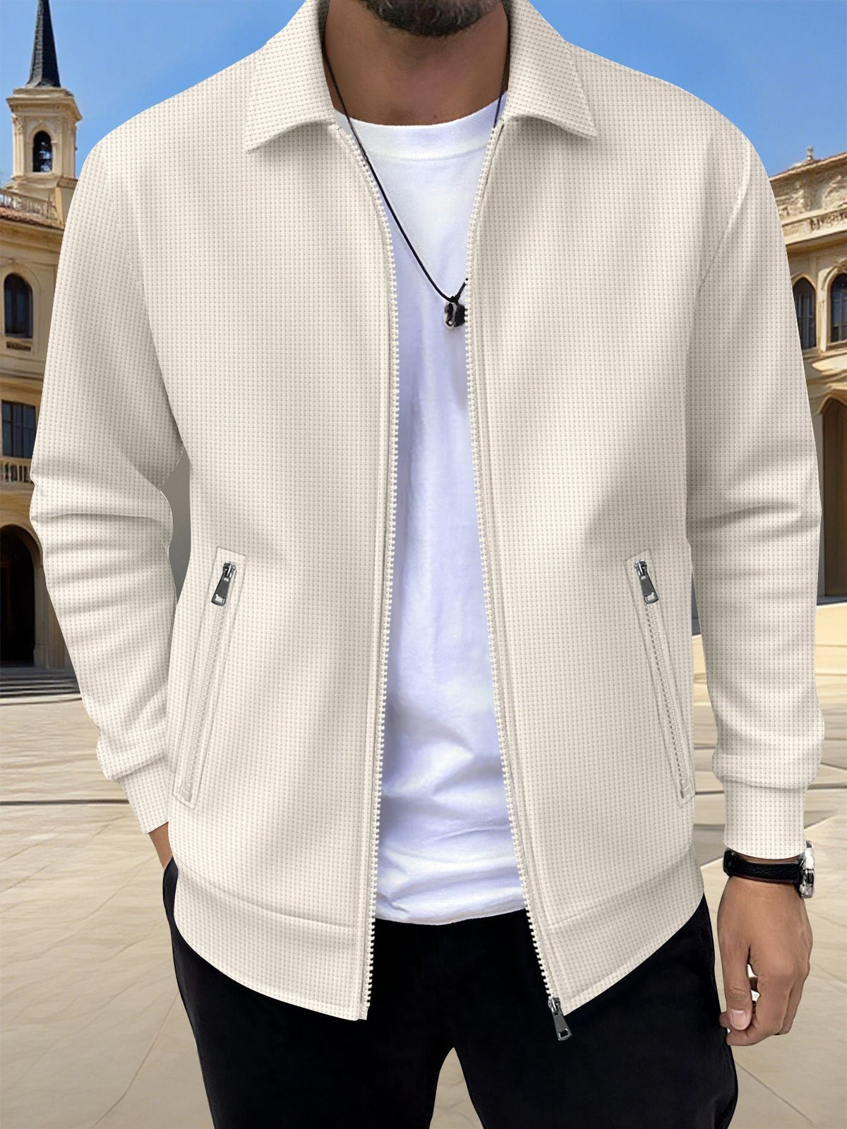 Men's Textured Jacket Zip Front Long Sleeve Casual Autumn Layering Everyday Outdoor