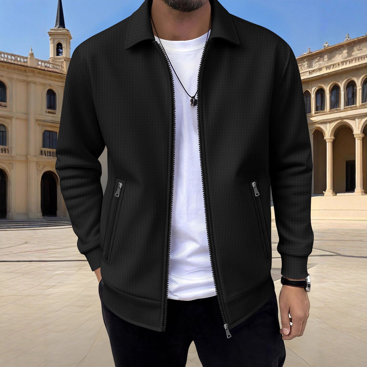 Men's Textured Jacket Zip Front Long Sleeve Casual Autumn Layering Everyday Outdoor