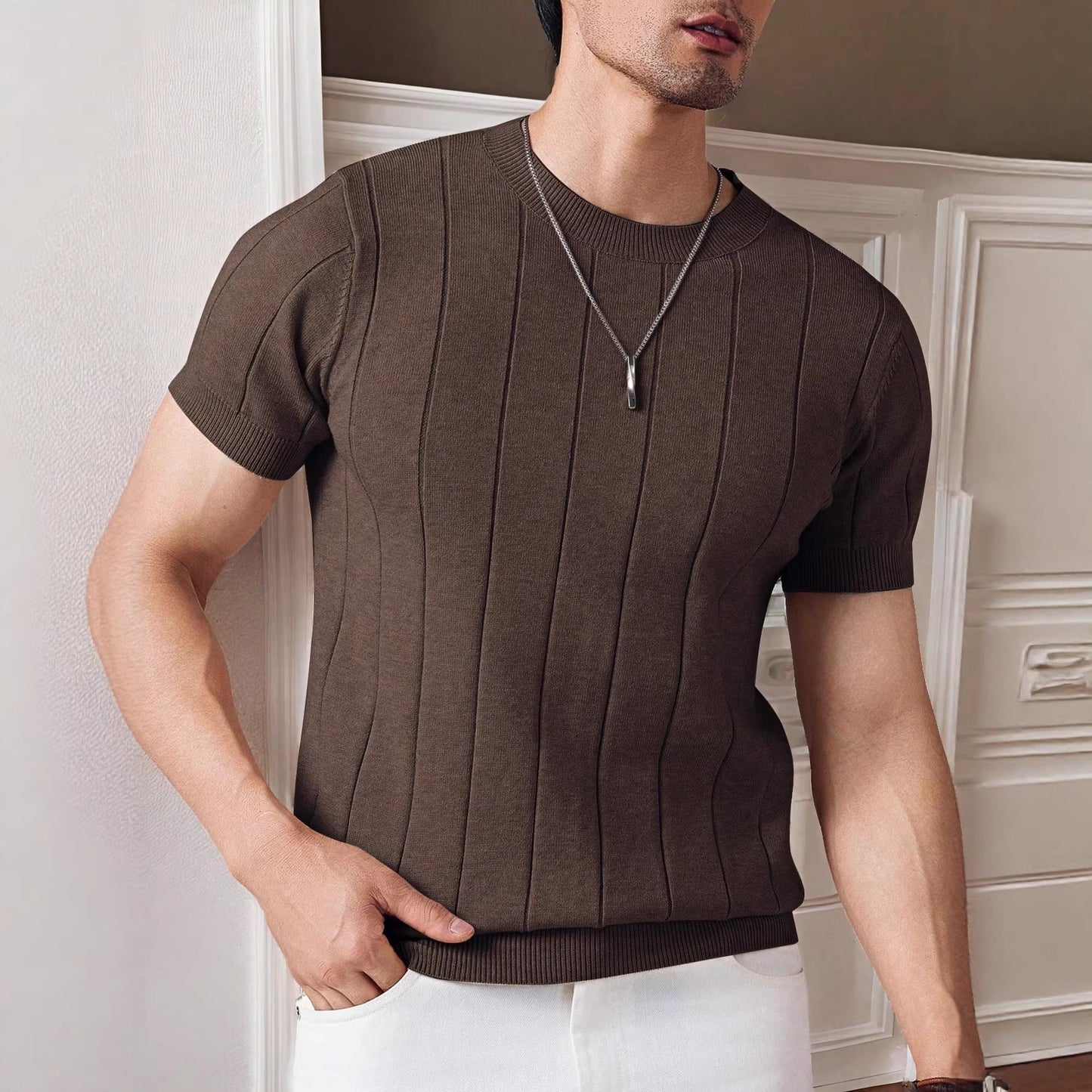 Men's Striped Knit Top Casual Long Sleeve Crew Neck Everyday Style