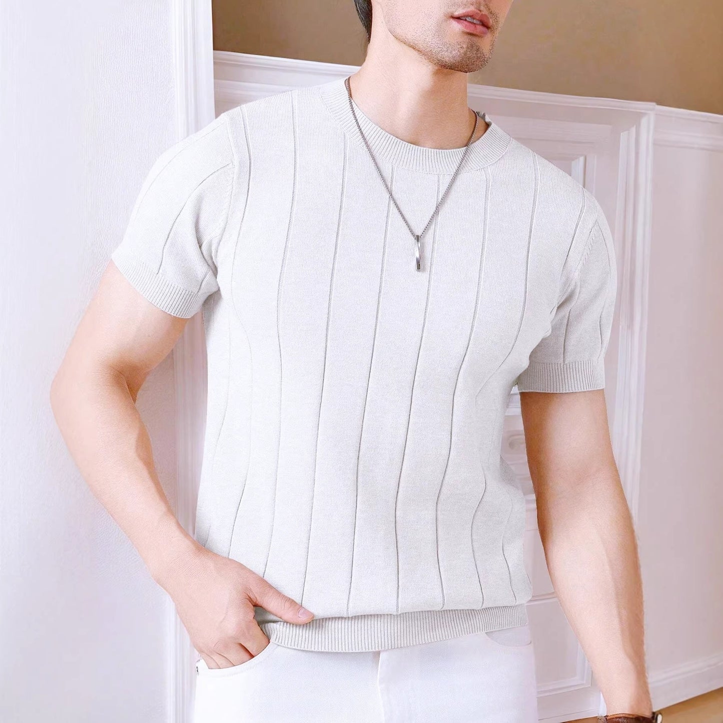 Men's Striped Knit Top Casual Long Sleeve Crew Neck Everyday Style