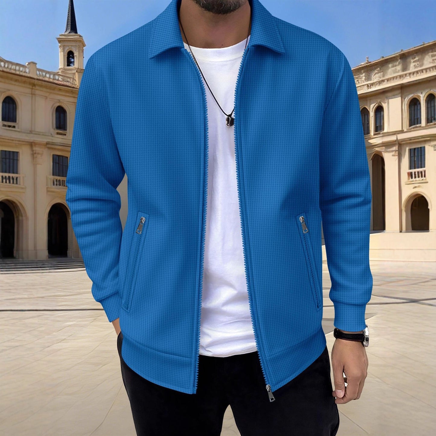 Men's Textured Jacket Zip Front Long Sleeve Casual Autumn Layering Everyday Outdoor