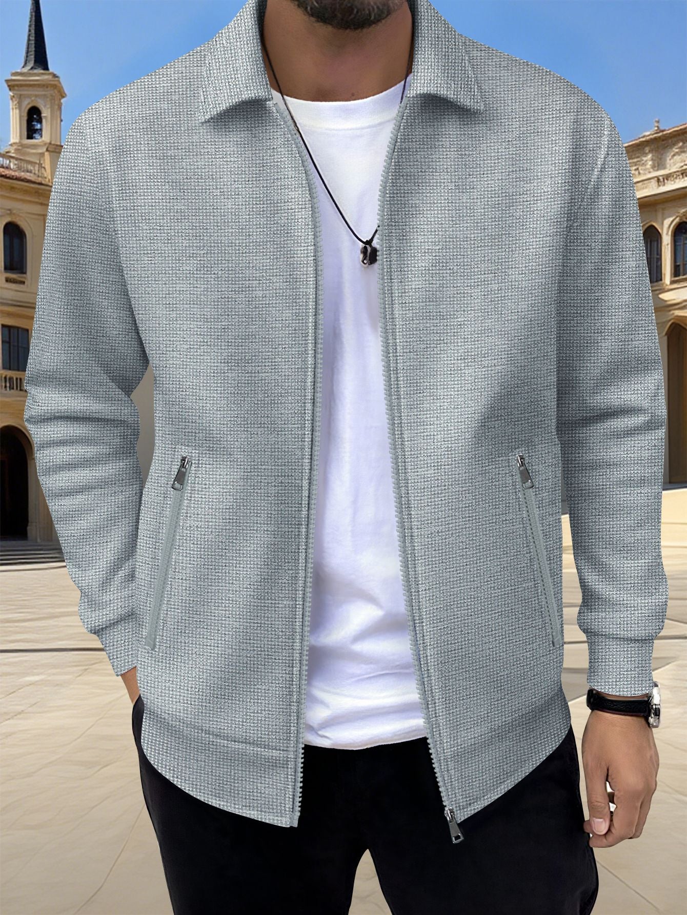 Men's Textured Jacket Zip Front Long Sleeve Casual Autumn Layering Everyday Outdoor