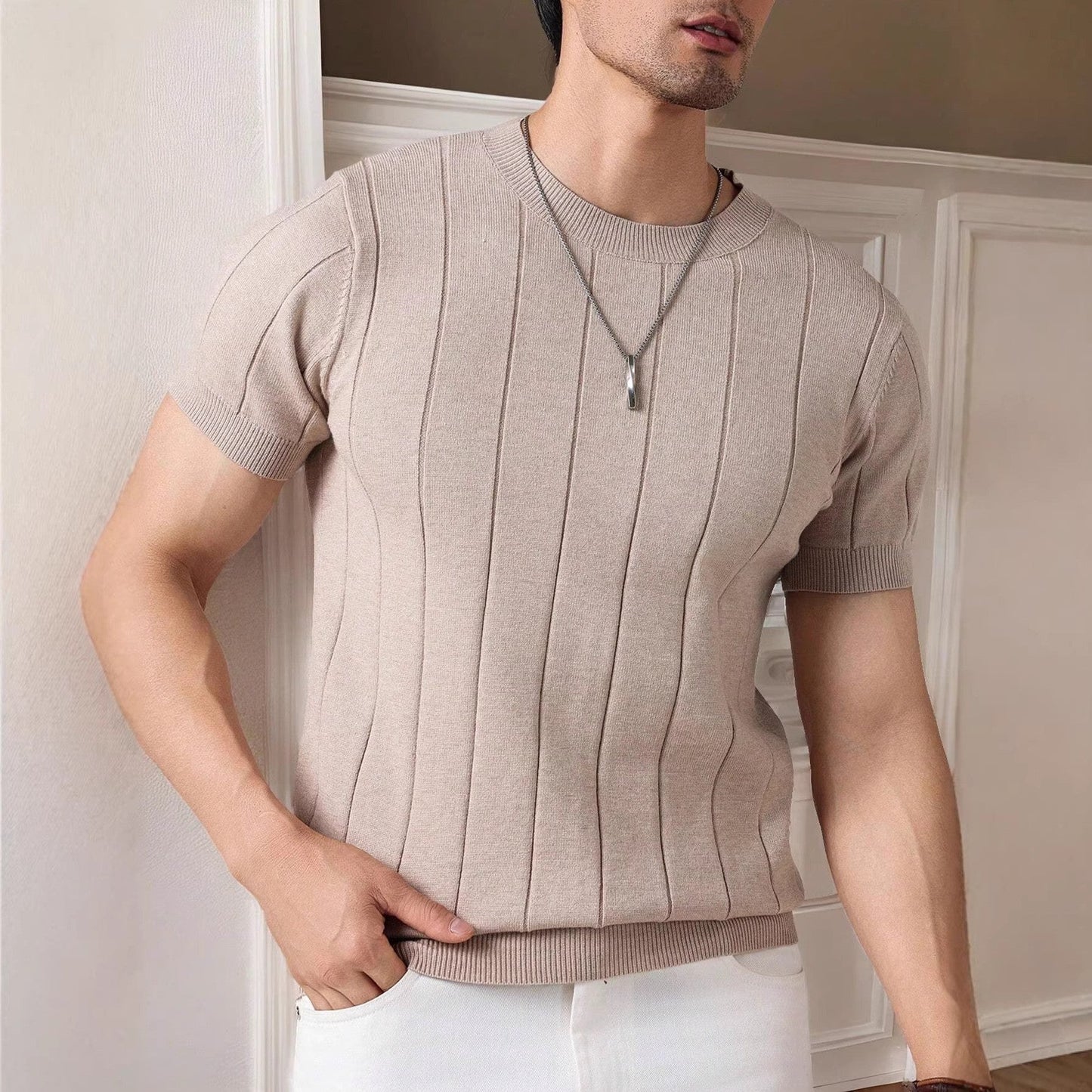 Men's Striped Knit Top Casual Long Sleeve Crew Neck Everyday Style