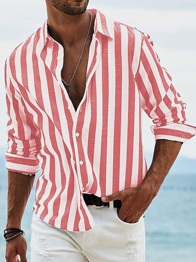 Men's Striped Shirt Button-Up Collared Casual Smart-Casual Holiday Beach Relaxed Fit Everyday Auden