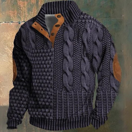 Men's Cable Knit Pullover Sweater Half-Button Stand Collar Textured Casual Wear