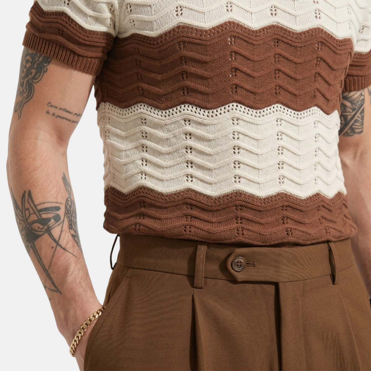 Men's Striped Knit Polo Shirt Short-Sleeve Collared Ribbed Knitted Casual Smart-Casual Everyday Leon