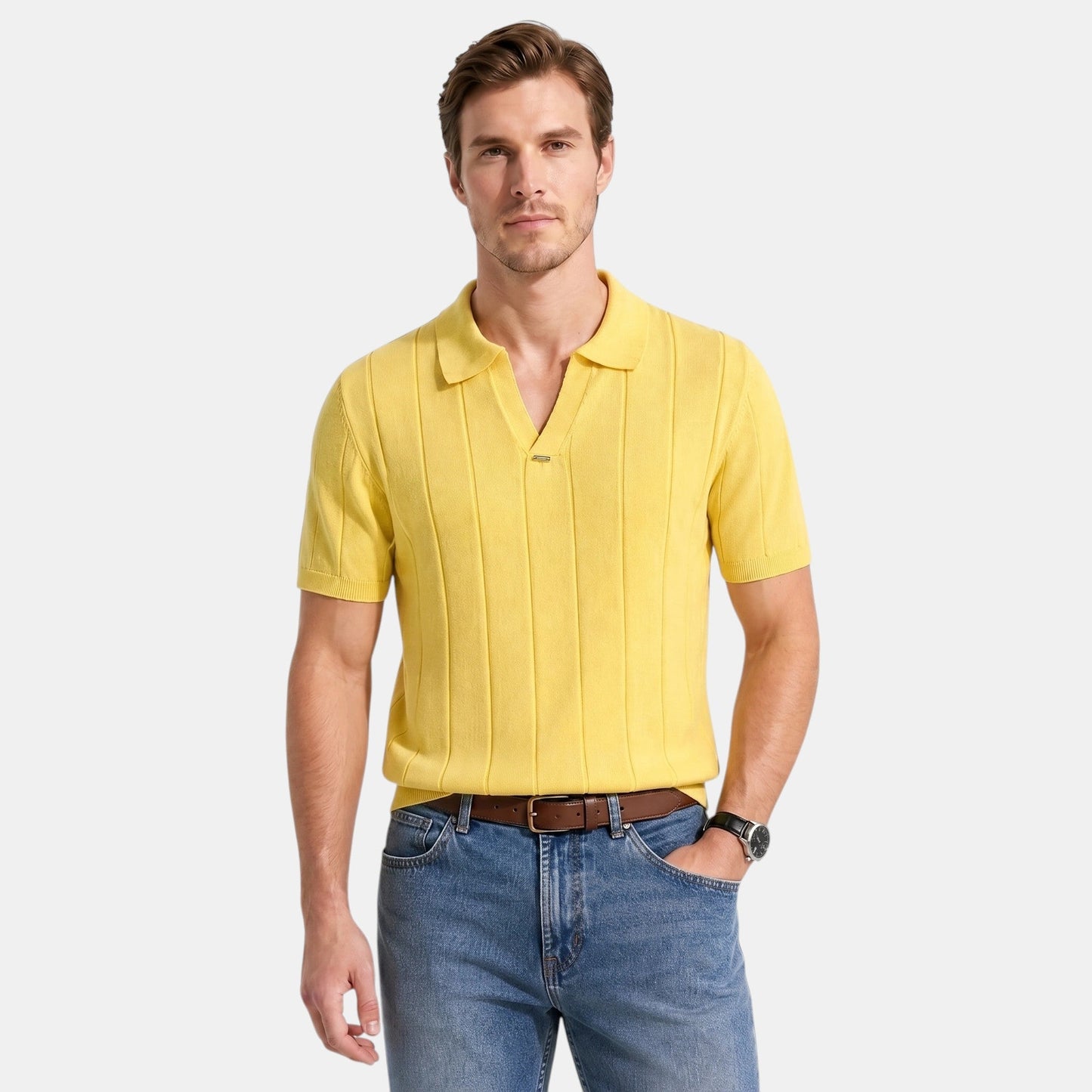 Men's Striped Knit Polo Shirt Short-Sleeve Collared Ribbed Knitted Casual Smart-Casual Everyday Leon