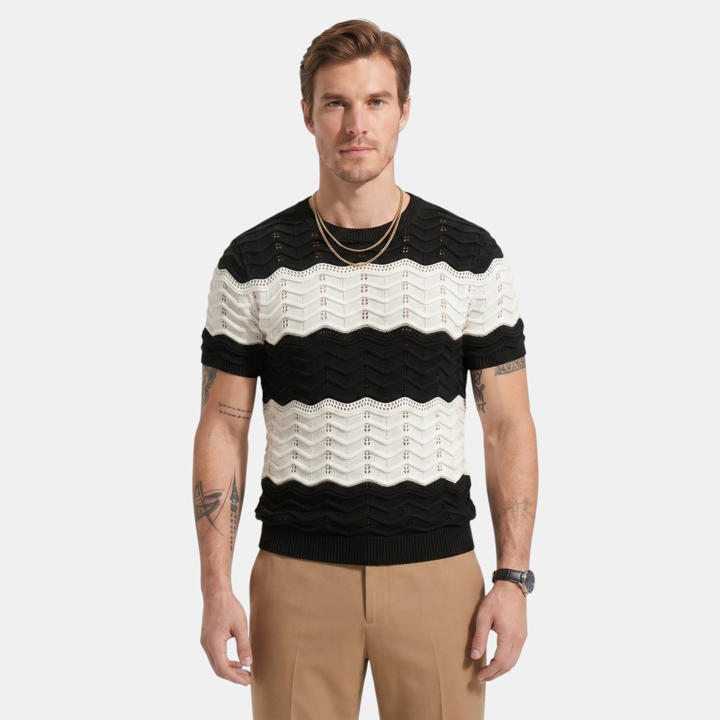 Men's Striped Knit Polo Shirt Short-Sleeve Collared Ribbed Knitted Casual Smart-Casual Everyday Leon