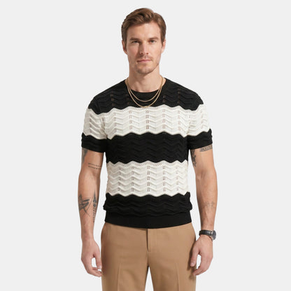 Men's Striped Knit Polo Shirt Short-Sleeve Collared Ribbed Knitted Casual Smart-Casual Everyday Leon
