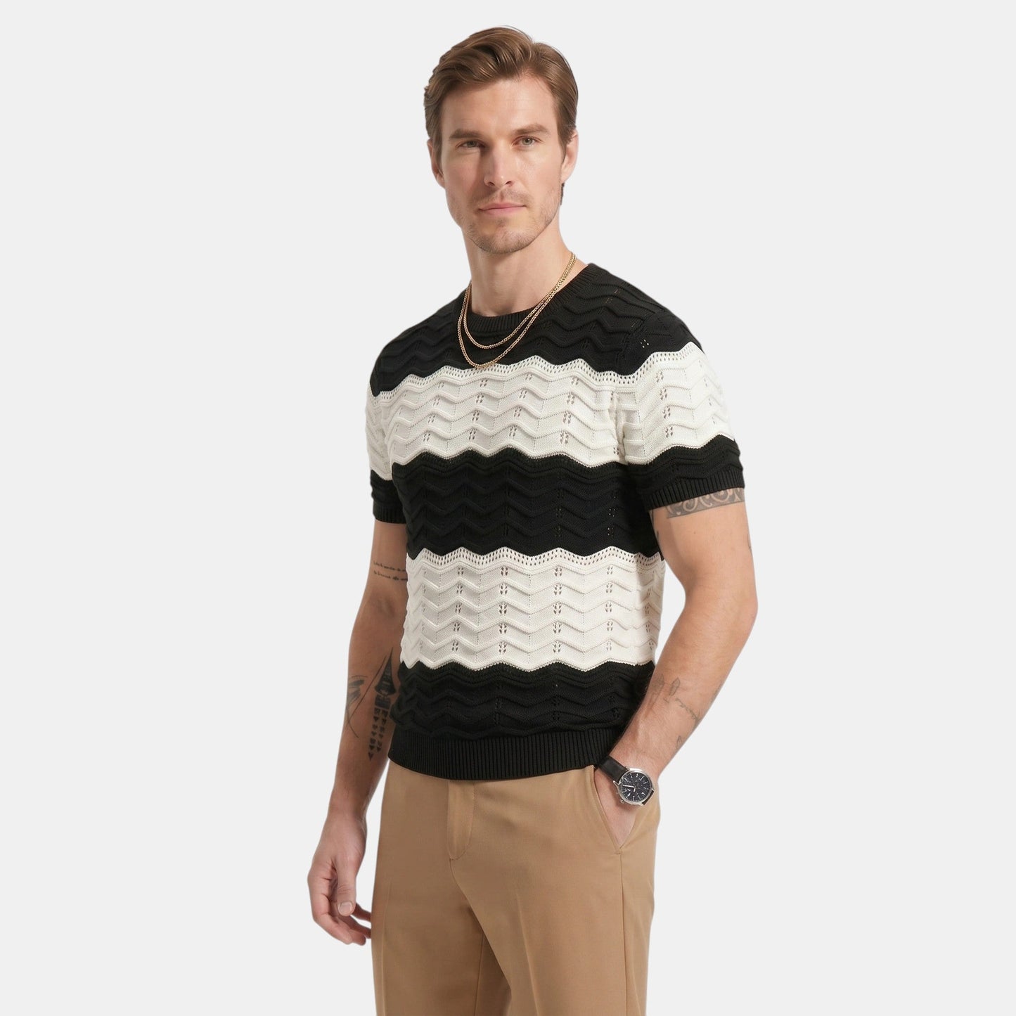 Men's Striped Knit Polo Shirt Short-Sleeve Collared Ribbed Knitted Casual Smart-Casual Everyday Leon