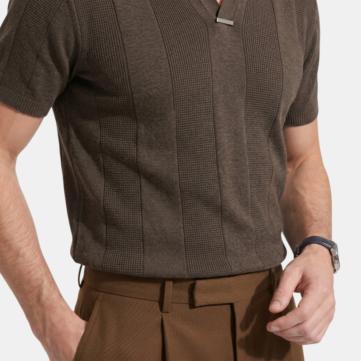 Men's Striped Knit Polo Shirt Short-Sleeve Collared Ribbed Knitted Casual Smart-Casual Everyday Leon