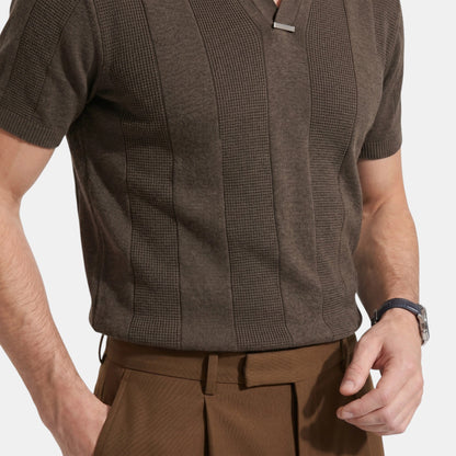 Men's Striped Knit Polo Shirt Short-Sleeve Collared Ribbed Knitted Casual Smart-Casual Everyday Leon