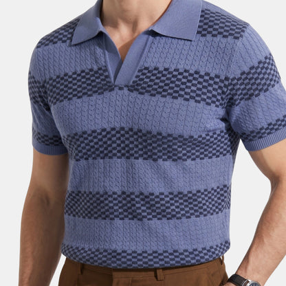 Men's Striped Knit Polo Shirt Short-Sleeve Collared Ribbed Knitted Casual Smart-Casual Everyday Leon