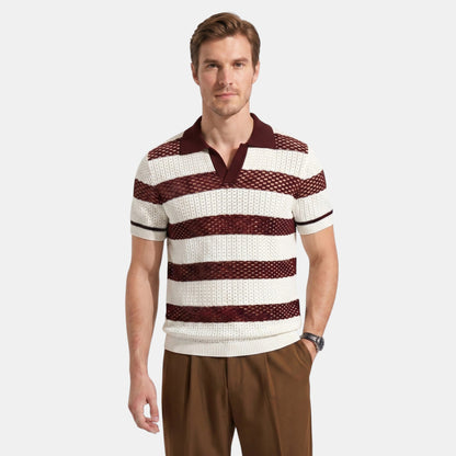 Men's Striped Knit Polo Shirt Short-Sleeve Collared Ribbed Knitted Casual Smart-Casual Everyday Leon