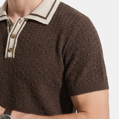 Men's Striped Knit Polo Shirt Short-Sleeve Collared Ribbed Knitted Casual Smart-Casual Everyday Leon