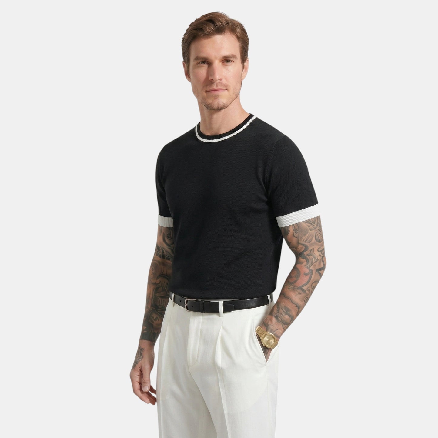 Men's Striped Knit Polo Shirt Short-Sleeve Collared Ribbed Knitted Casual Smart-Casual Everyday Leon