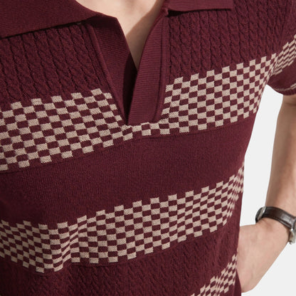 Men's Striped Knit Polo Shirt Short-Sleeve Collared Ribbed Knitted Casual Smart-Casual Everyday Leon