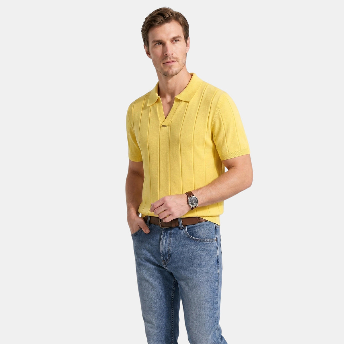Men's Striped Knit Polo Shirt Short-Sleeve Collared Ribbed Knitted Casual Smart-Casual Everyday Leon