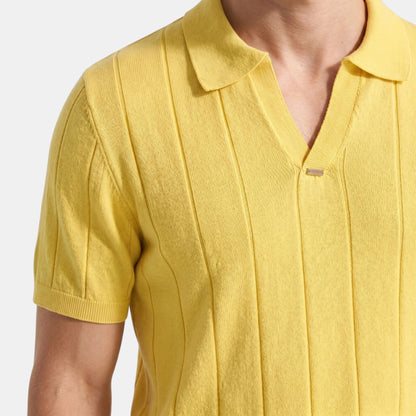 Men's Striped Knit Polo Shirt Short-Sleeve Collared Ribbed Knitted Casual Smart-Casual Everyday Leon