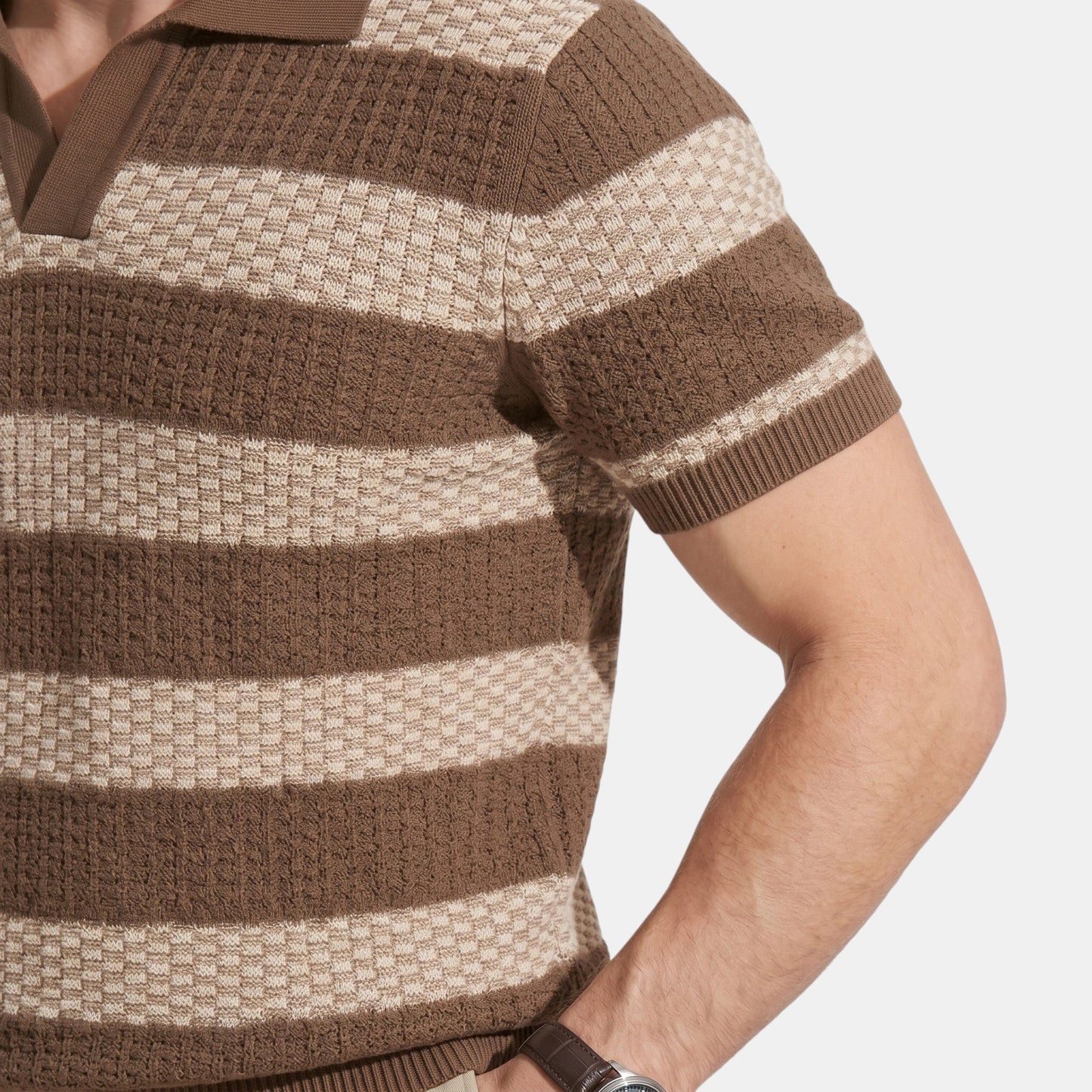 Men's Striped Knit Polo Shirt Short-Sleeve Collared Ribbed Knitted Casual Smart-Casual Everyday Leon