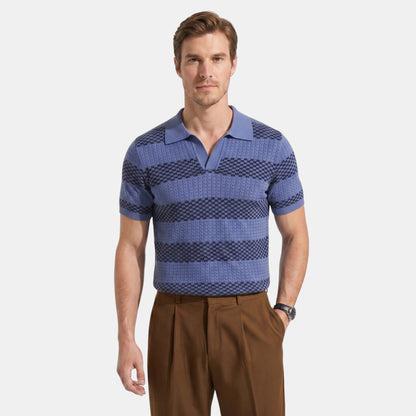 Men's Striped Knit Polo Shirt Short-Sleeve Collared Ribbed Knitted Casual Smart-Casual Everyday Leon