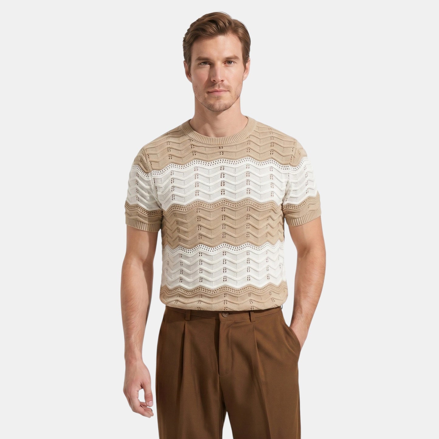 Men's Striped Knit Polo Shirt Short-Sleeve Collared Ribbed Knitted Casual Smart-Casual Everyday Leon